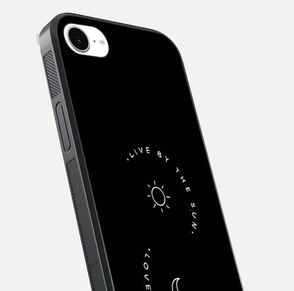 Sun Moon Balance Glass Case for iPhone 16e close-up angled shot highlighting cosmic art and HD reflection