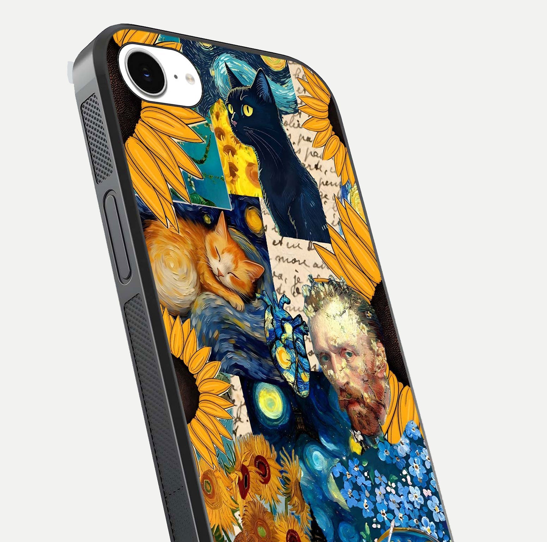 Sunflower Cat Art Glass Case for iPhone 16e close-up angled shot highlighting yellow tones and art reflection
