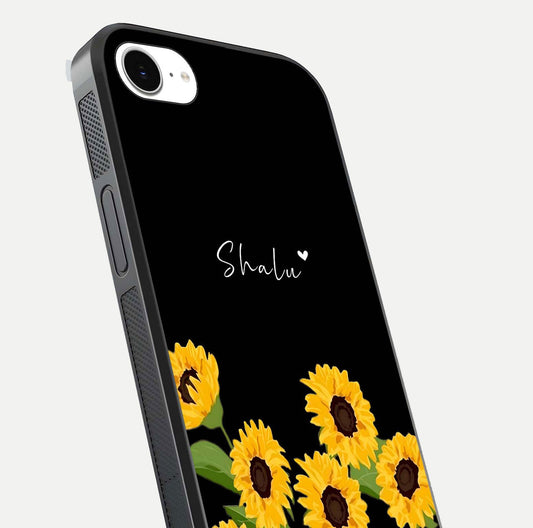 Sunflower Chic Mood Custom Name Glass Case for iPhone 16e close-up angled shot showing HD sunflower pattern