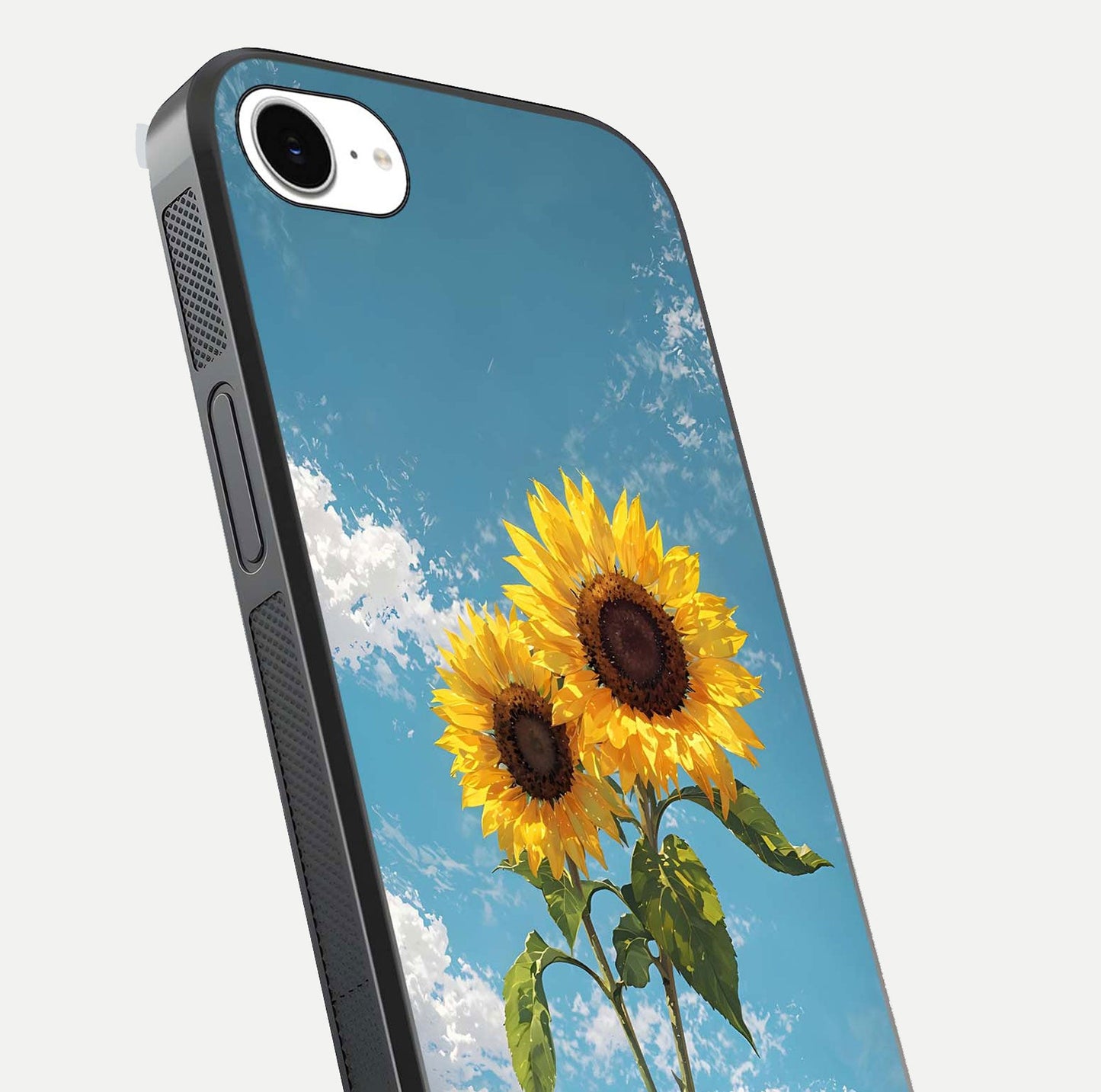 Sunflower Sky Bloom Glass Case for iPhone 16e close-up angled shot highlighting petal details and reflection