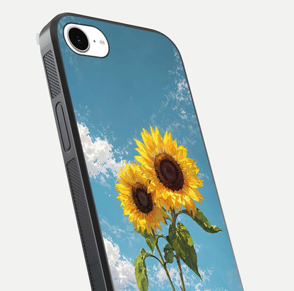 Sunflower Sky Bloom Glass Case for iPhone 16e close-up angled shot highlighting petal details and reflection