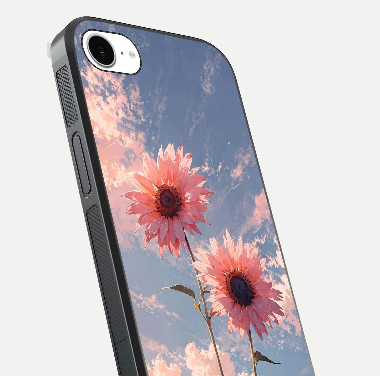 Sunlit Daisy Glow Glass Case for iPhone 16e close-up angled shot highlighting petal texture and reflection