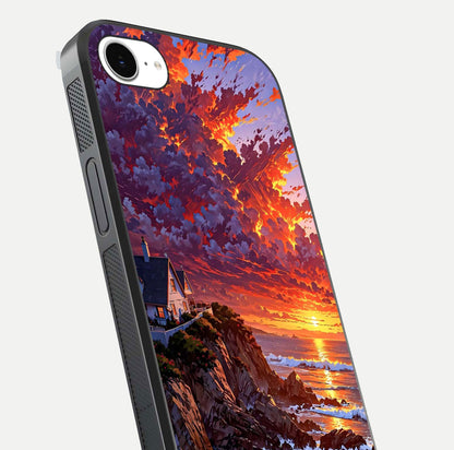 Sunset House by Sea Glass Case for iPhone 16e close-up angled shot highlighting sunset tones and water glow