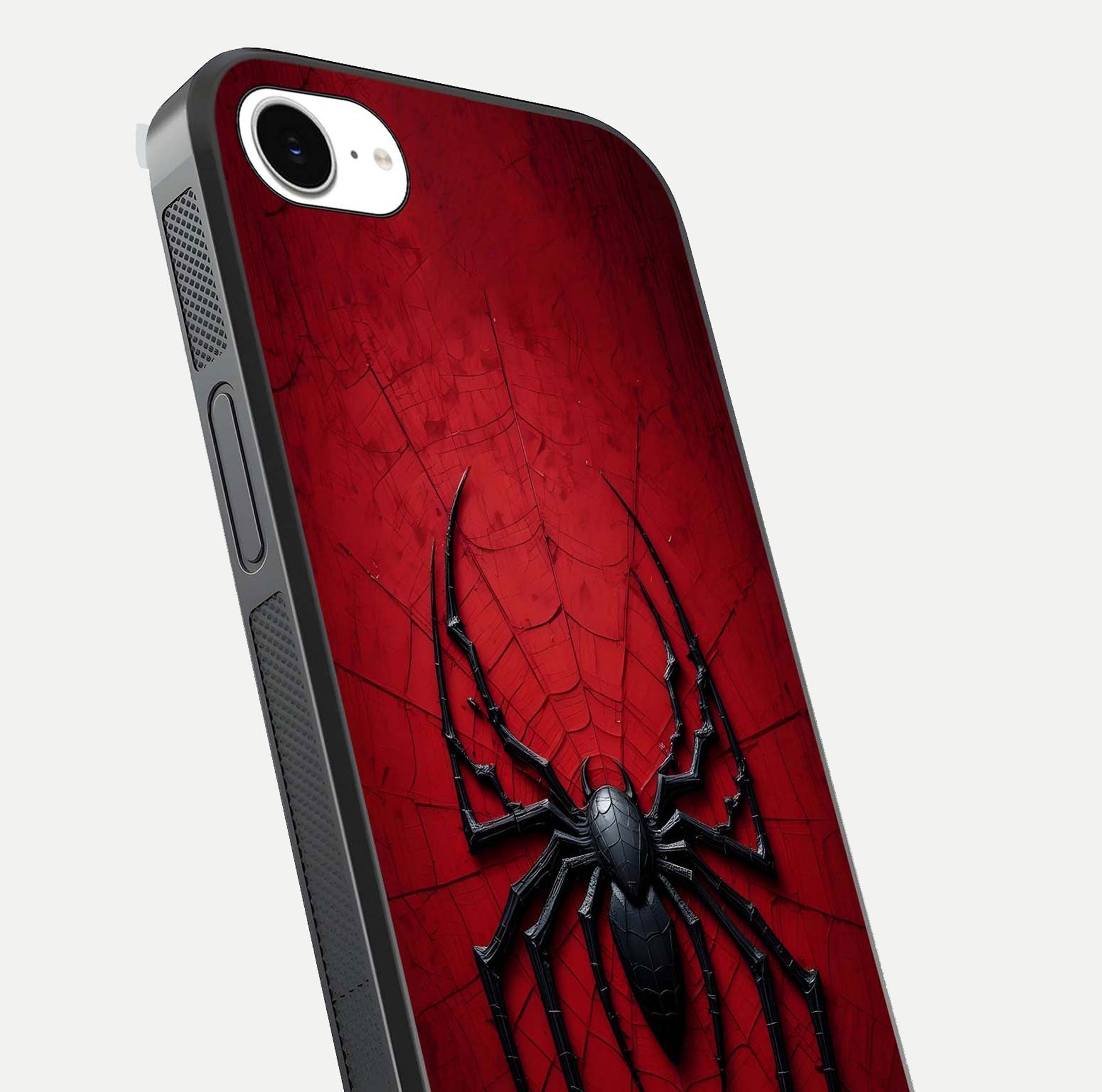 Venom Web Emblem Glass Case for iPhone 16e close-up angled shot highlighting sharp logo lines and reflection