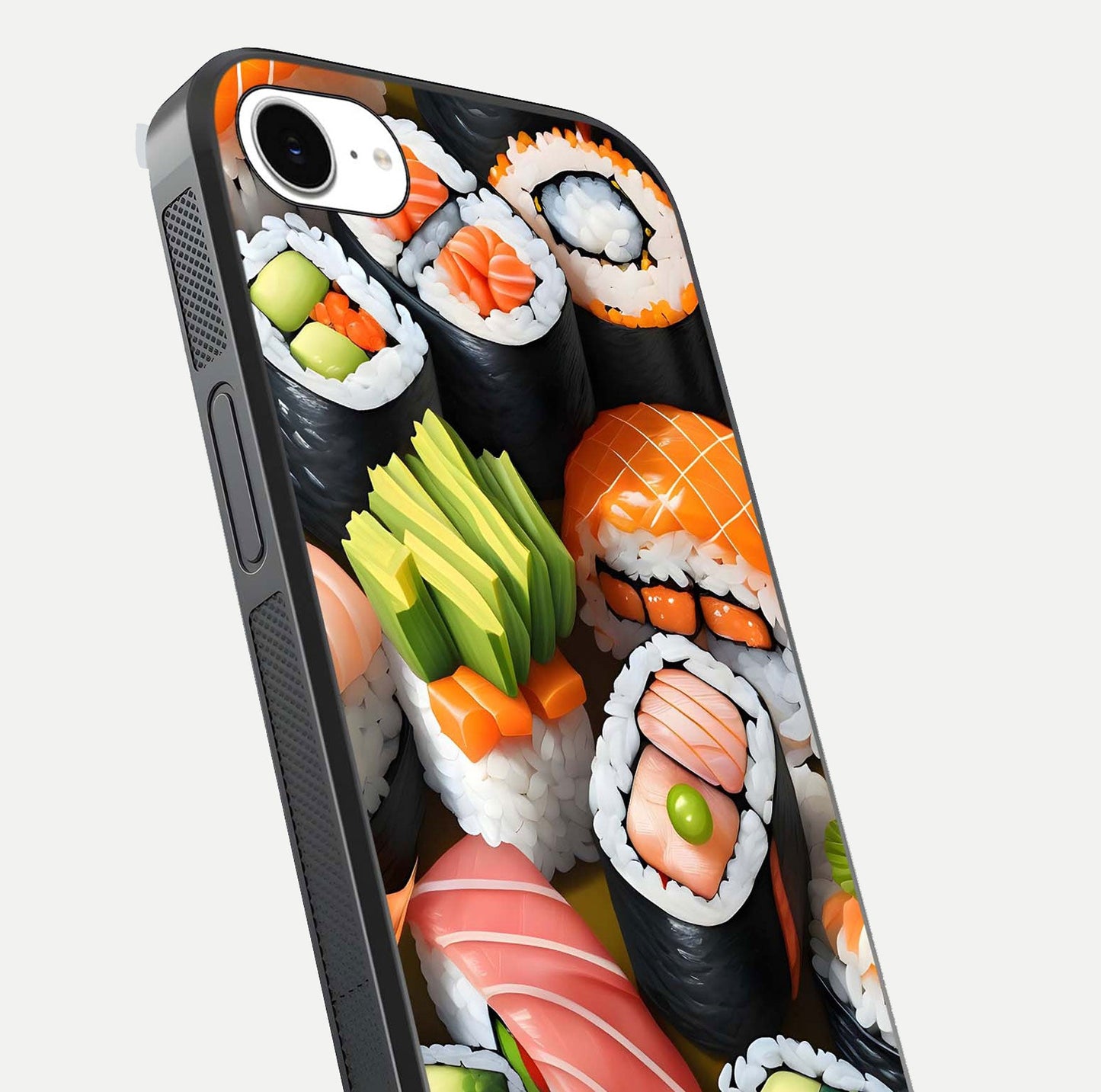 Sushi Food Pattern Glass Case for iPhone 16e close-up angled shot highlighting colorful sushi prints and reflection