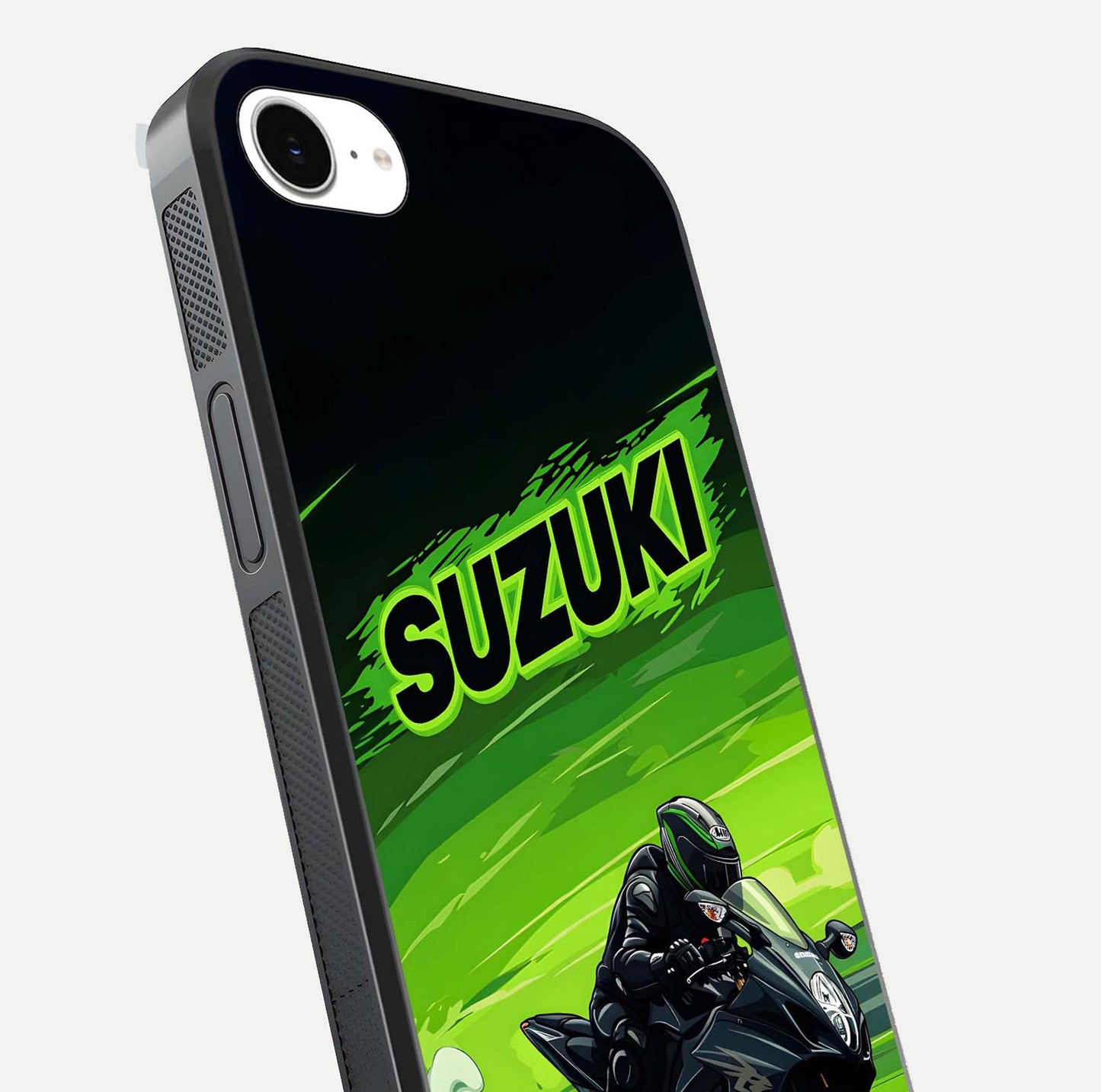 Suzuki Speed Beast Glass Case for iPhone 16e close-up angled shot highlighting bold tones and reflection
