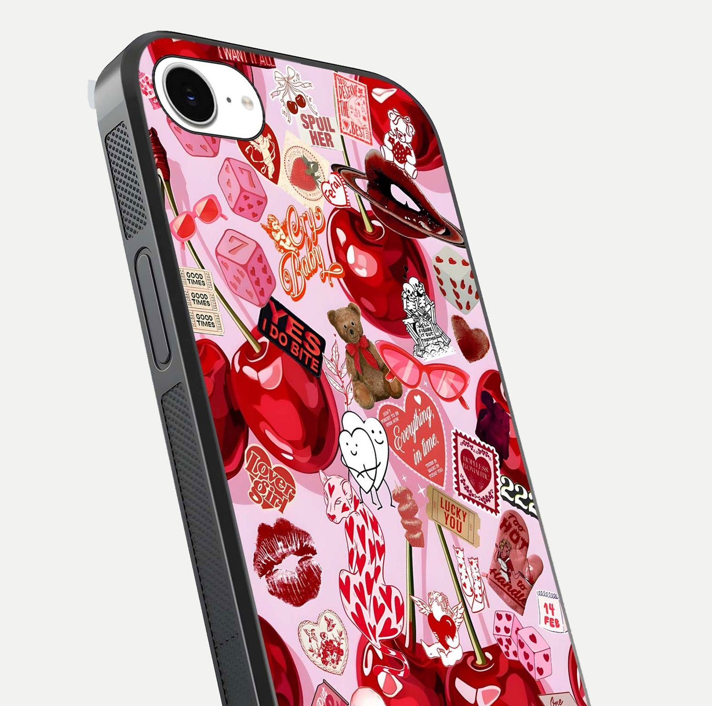 Sweet Cherry Chaos Glass Case for iPhone 16e close-up angled shot highlighting red tone contrast and reflection