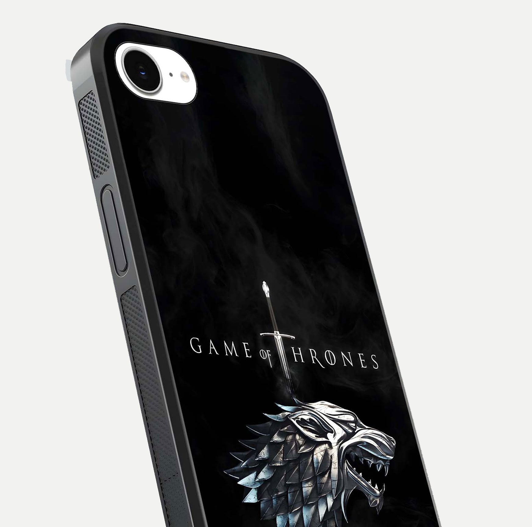 Throne Wolf Legacy Glass Case for iPhone 16e close-up angled shot highlighting fur texture and reflection