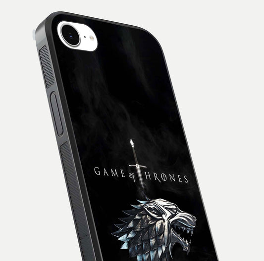 Throne Wolf Legacy Glass Case for iPhone 16e close-up angled shot highlighting fur texture and reflection
