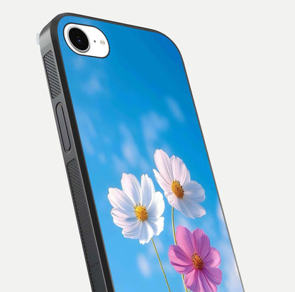 Triple Flowers With Sky Glass Case for iPhone 16e close-up angled shot highlighting petal and reflection details