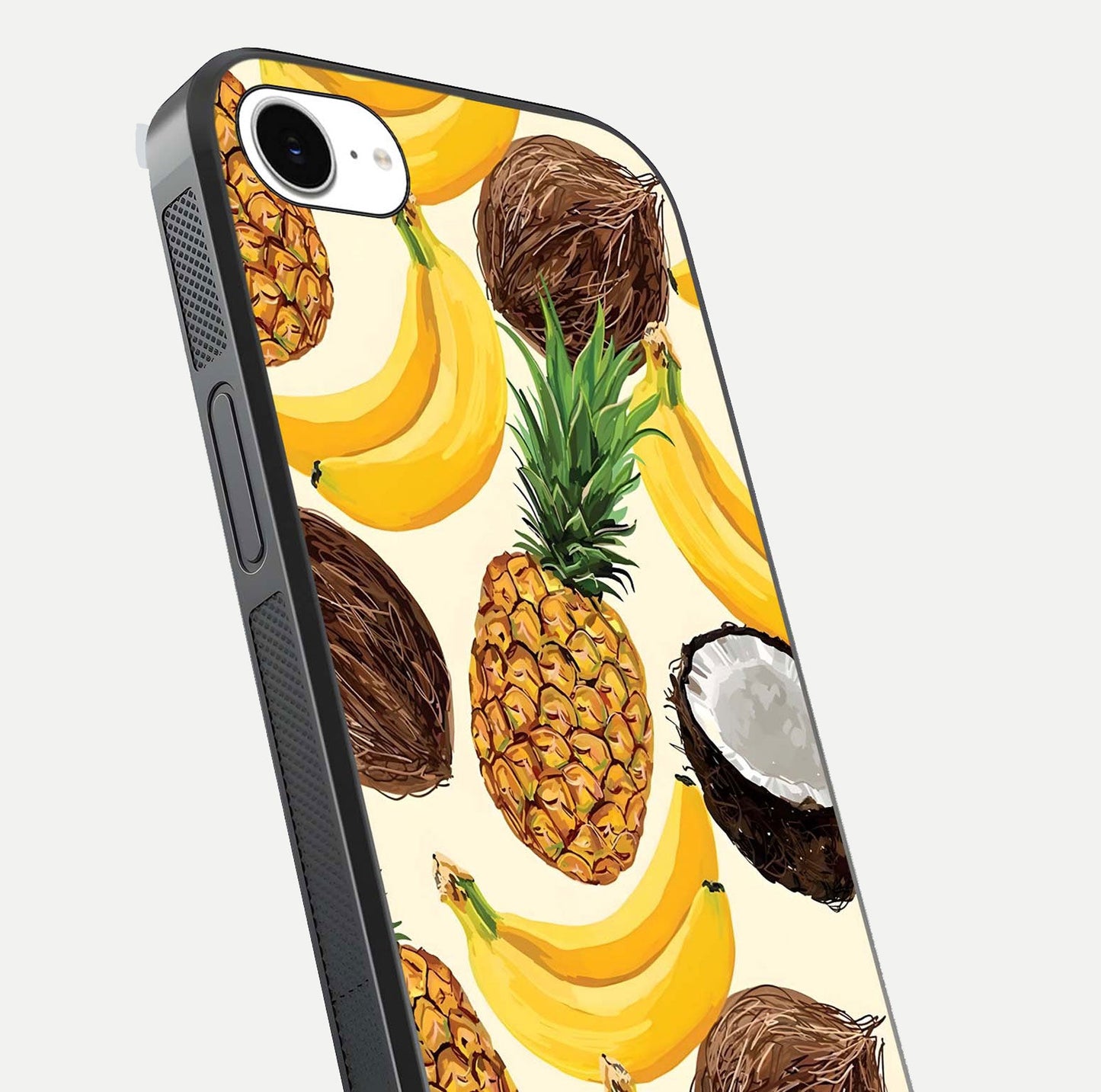 Tropical Fruit Mood Glass Case for iPhone 16e close-up angled shot highlighting fruit texture and reflection