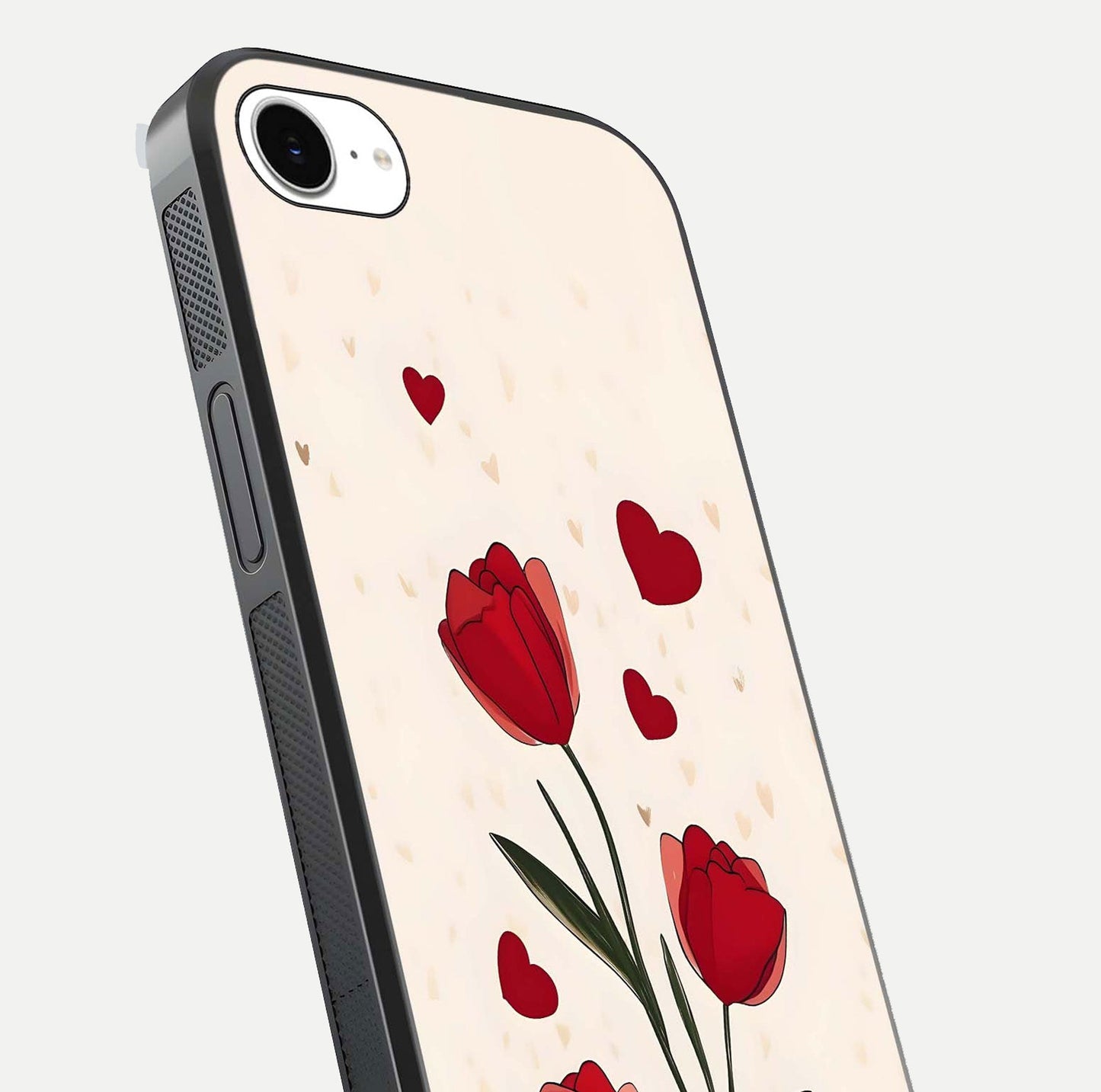 Tulip With Heart Glass Case for iPhone 16e close-up angled shot highlighting petal details and reflection