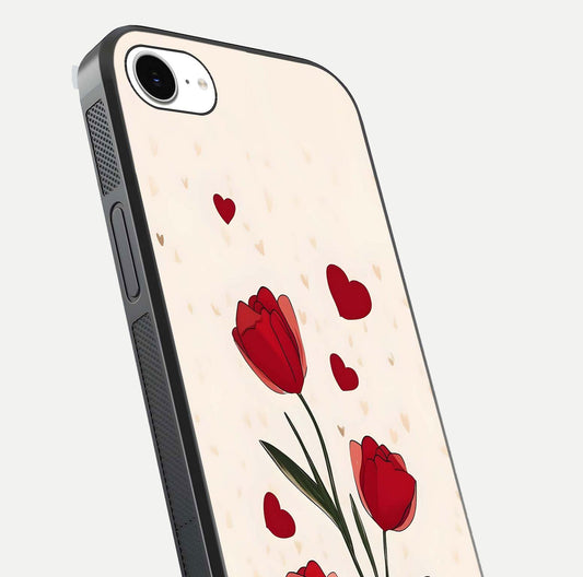 Tulip With Heart Glass Case for iPhone 16e close-up angled shot highlighting petal details and reflection