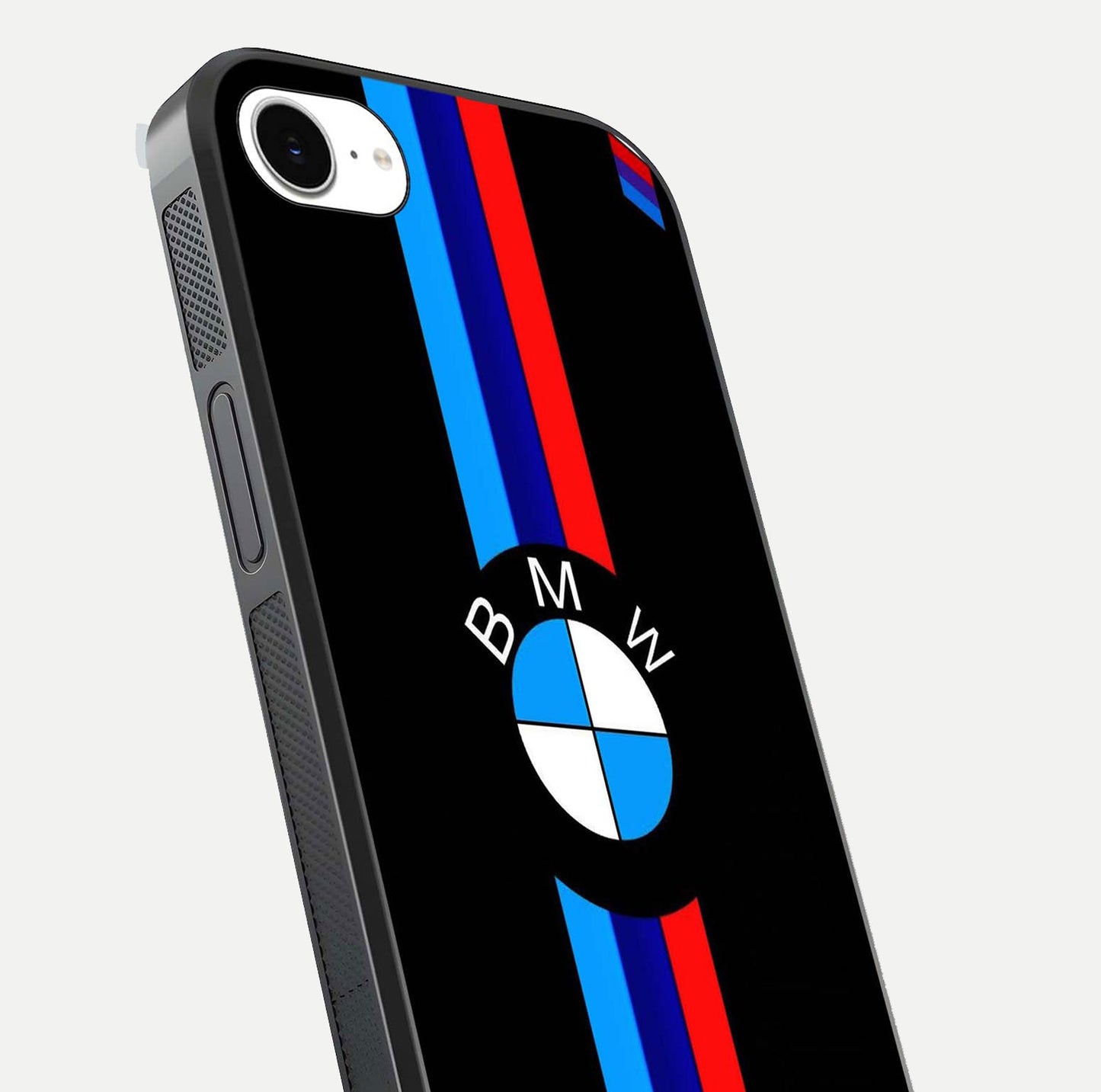 Turbo BMW Beast Glass Case for iPhone 16e close-up angled shot highlighting car detailing and reflection