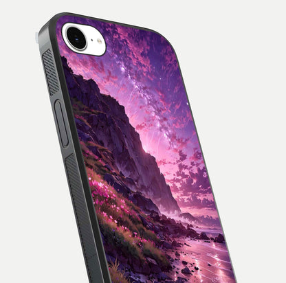 Twilight Blossom Coast Glass Case for iPhone 16e close-up angled shot highlighting gradient sky and reflection