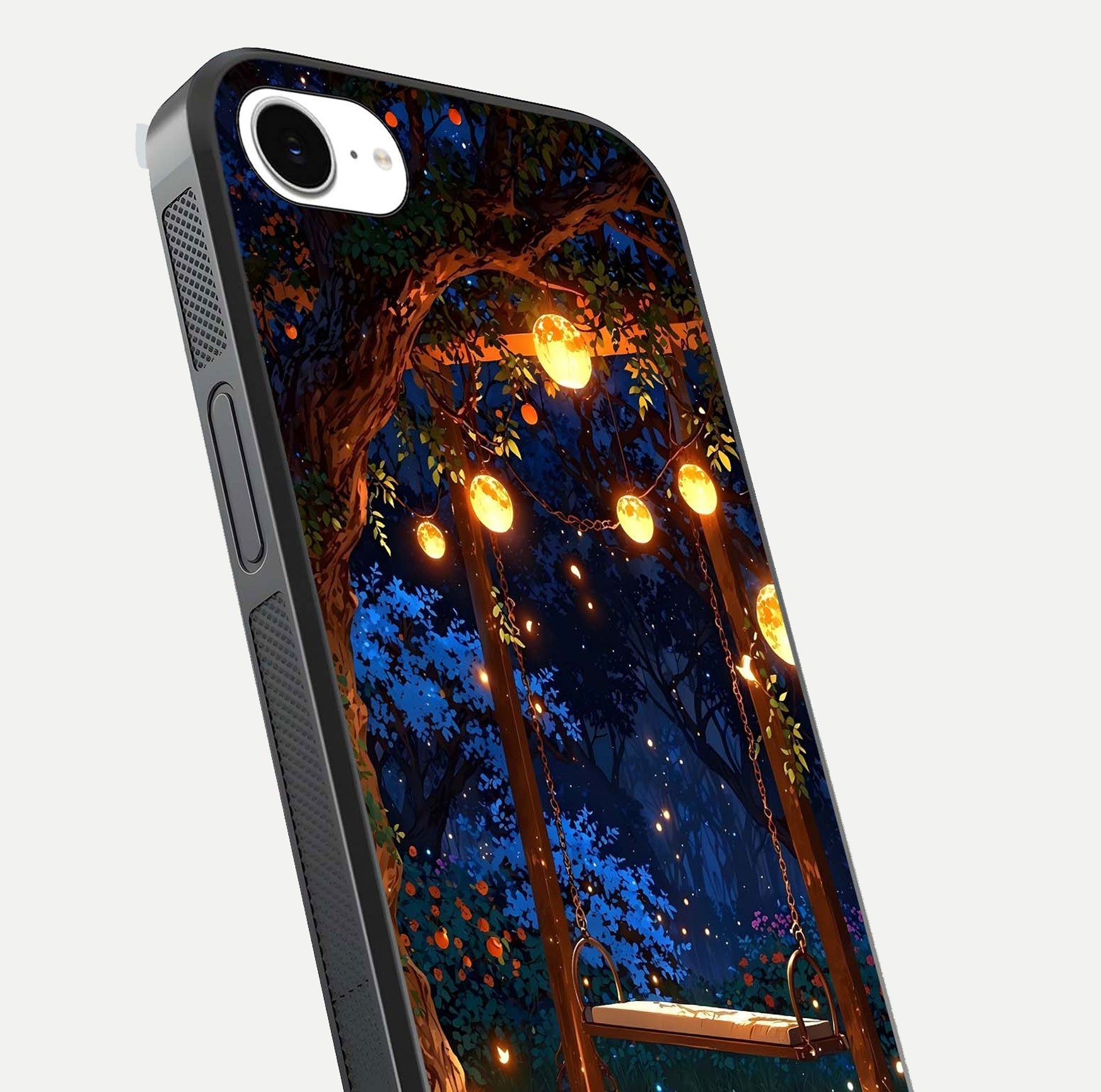 Twilight Garden Swing Glass Case for iPhone 16e close-up angled shot highlighting floral tones and reflection