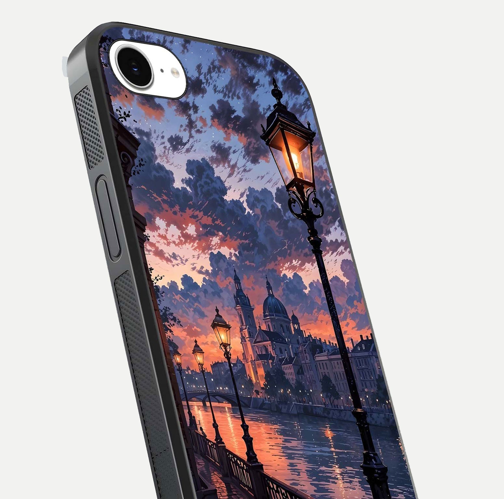 Twilight River Lights Glass Case for iPhone 16e close-up angled shot highlighting river reflections and color tones