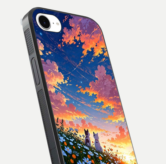 Two Cats Friends Glass Case for iPhone 16e close-up angled shot highlighting cat illustrations and soft reflection
