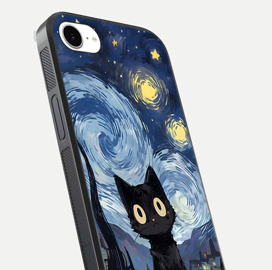 Van Gogh Cat Glass Case for iPhone 16e close-up angled shot highlighting brushstroke texture and reflection