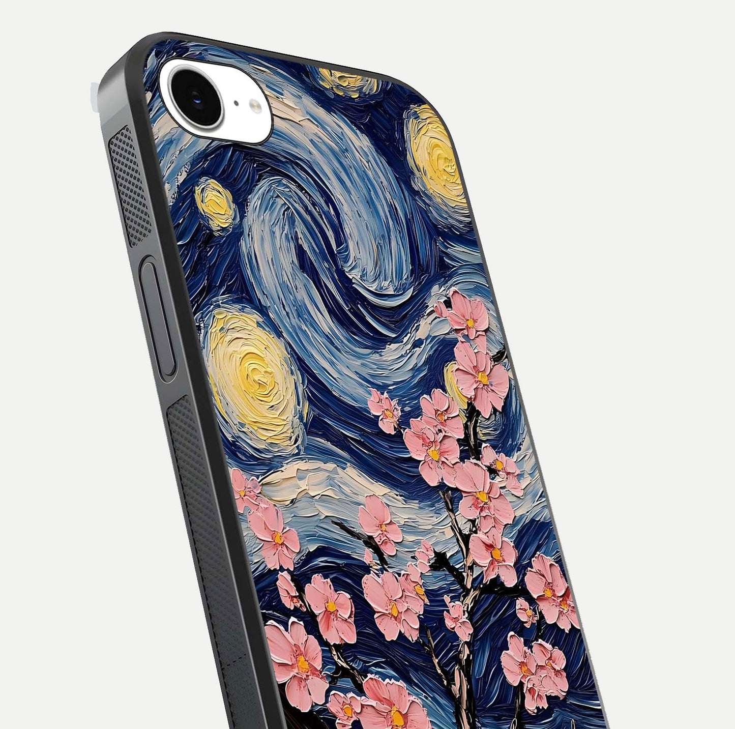 Van Gogh Scenery Glass Case for iPhone 16e close-up angled shot highlighting brushwork texture and color depth
