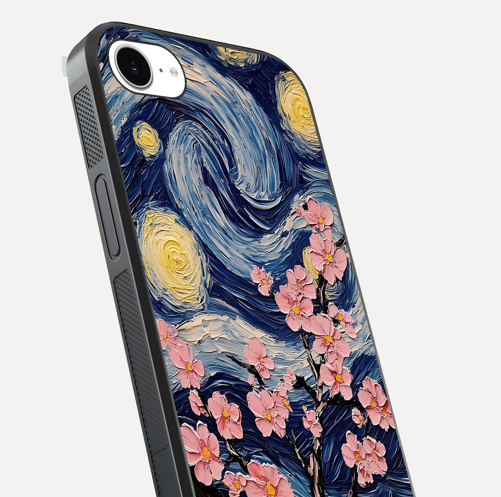 Van Gogh Scenery Glass Case for iPhone 16e close-up angled shot highlighting brushwork texture and color depth