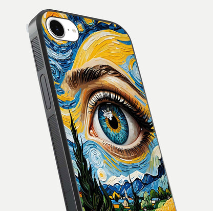 Van Gogh Eye Glass Case for iPhone 16e close-up angled shot highlighting color blend and gloss reflection