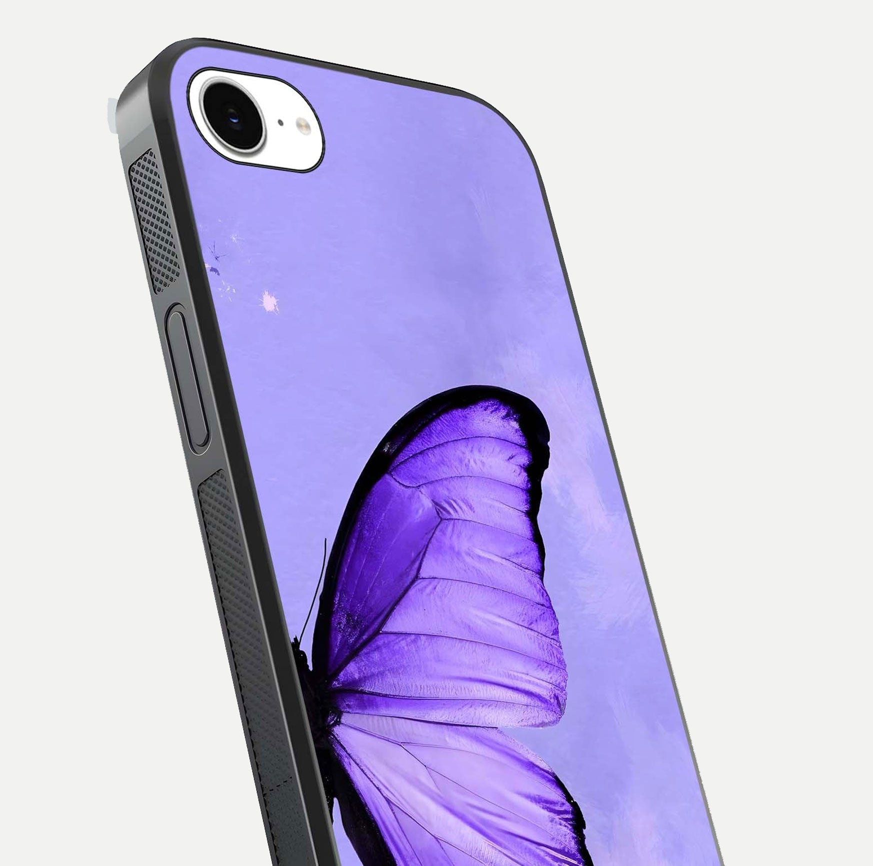 Violet Dream Wing Glass Case for iPhone 16e close-up angled shot highlighting wing texture and reflection