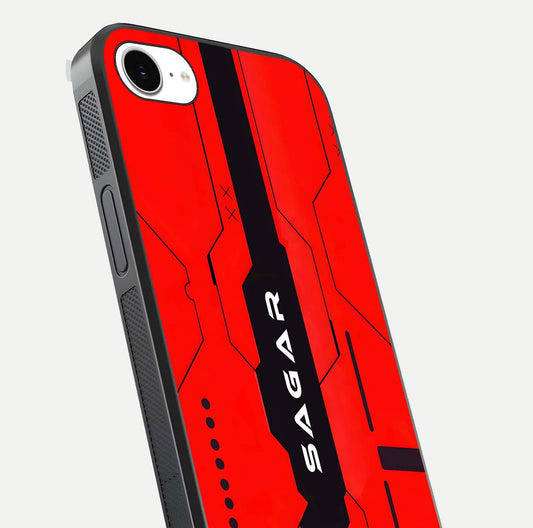 Voltage Rise CYBERPUNK Custom Name Glass Case for iPhone 16e close-up angled shot highlighting neon glow and reflection