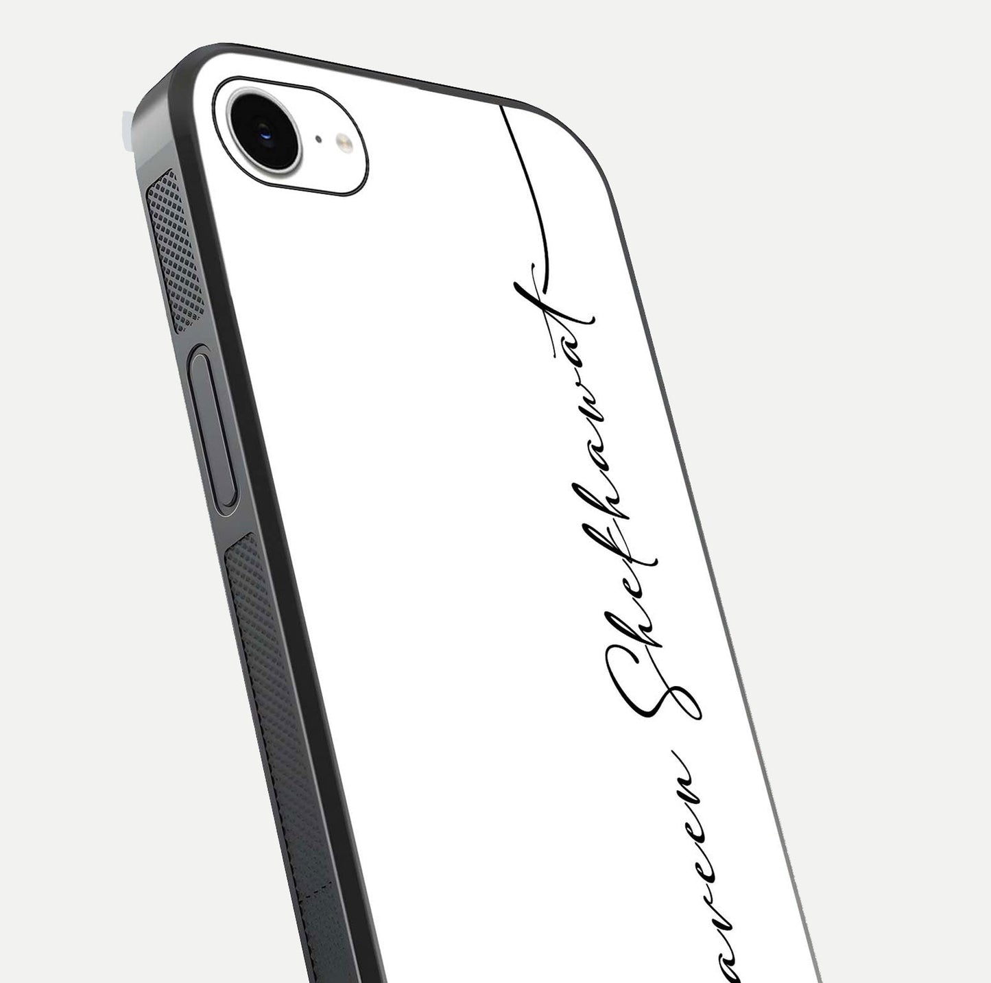 White Tune Custom Name Glass Case for iPhone 16e close-up angled shot highlighting gloss reflection and texture