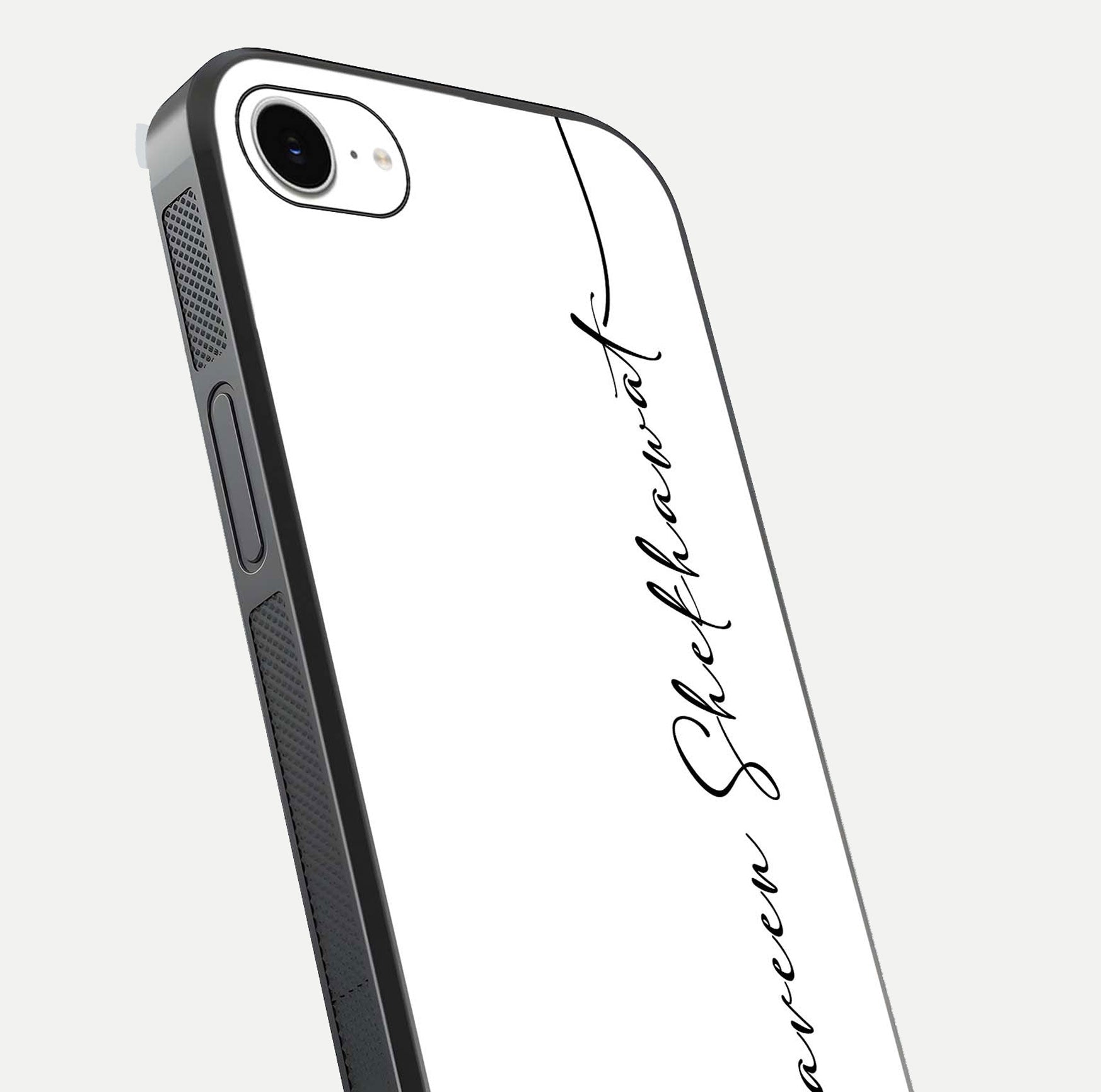 White Tune Custom Name Glass Case for iPhone 16e close-up angled shot highlighting gloss reflection and texture