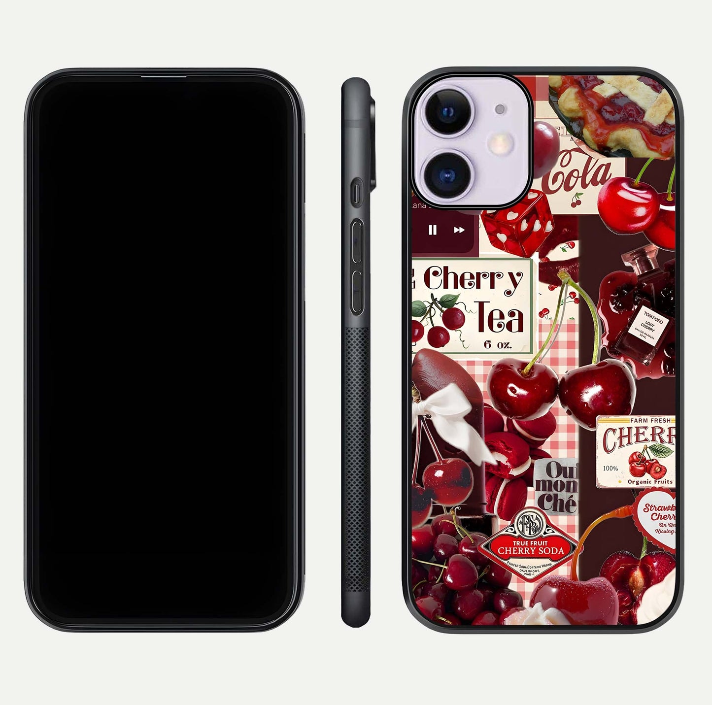 Aesthetic Cherry Tea Glass Case for iPhone 16 Pro front and back view layout showing black front display and artistic cherry-themed glass back