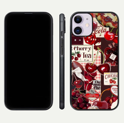 Aesthetic Cherry Tea Glass Case for iPhone 16 Pro front and back view layout showing black front display and artistic cherry-themed glass back