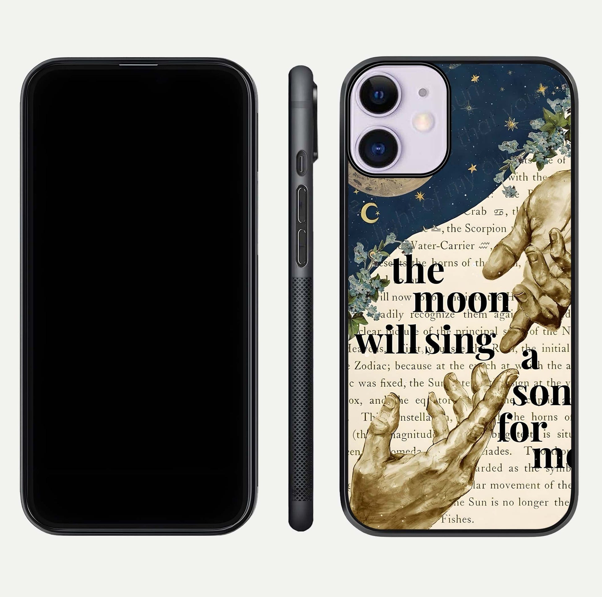 Aesthetic Divine Glass Case for iPhone 16 Pro front and back view layout showing black front display and divine art glass back