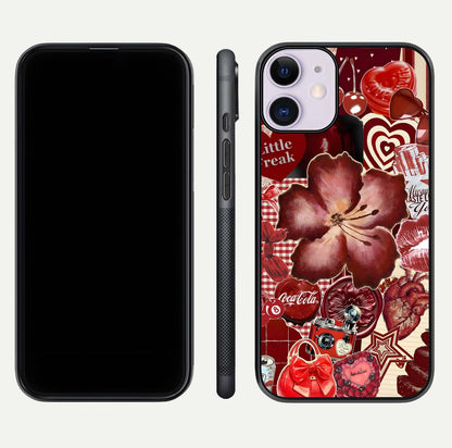 Aesthetic Little Freak Glass Case for iPhone 16 Pro front and back view layout showing black front display and trendy collage glass back