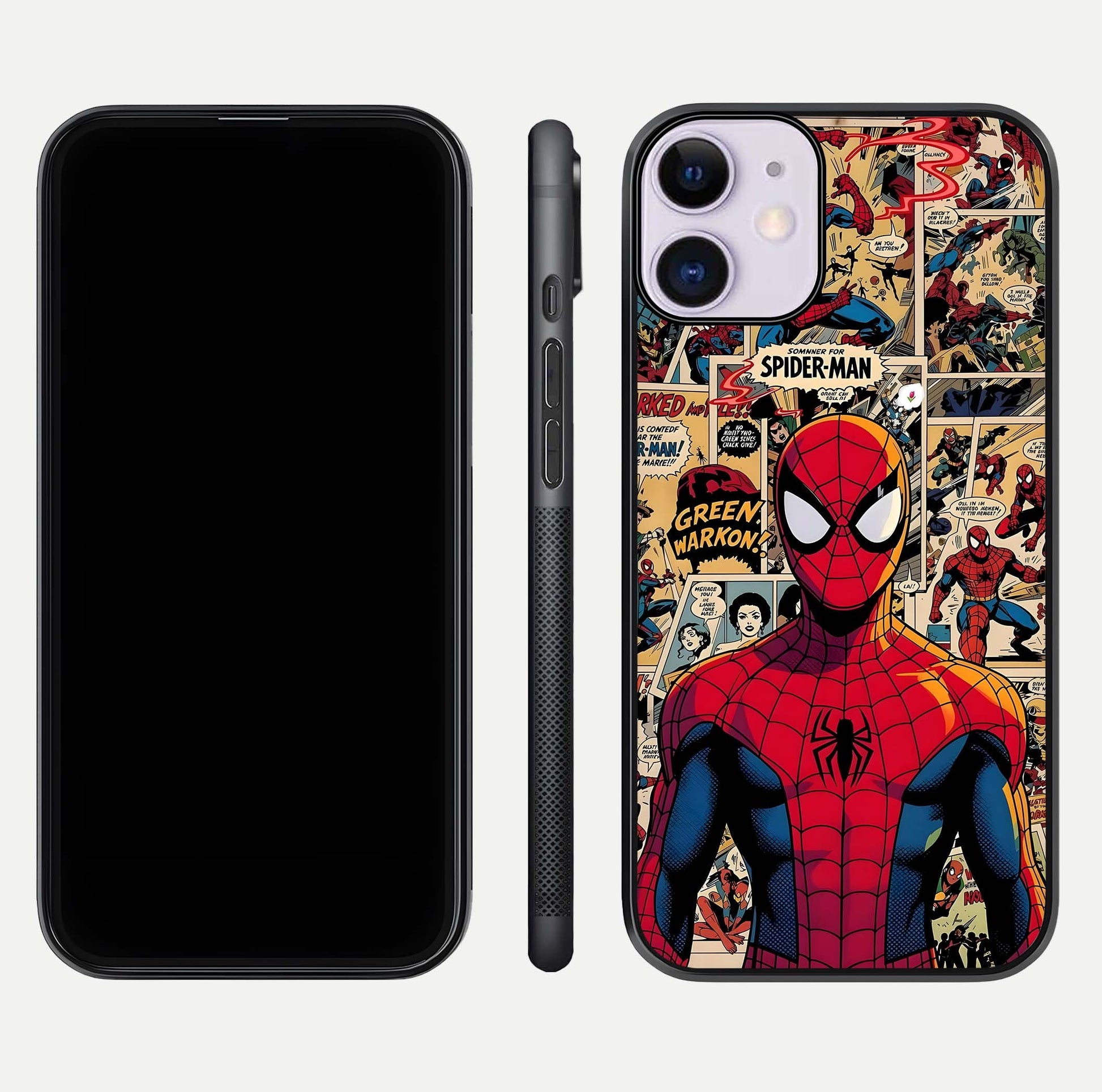 Aesthetic Spider Man Glass Case for iPhone 16 Pro front and back view layout showing black front display and Spider-Man art glass back