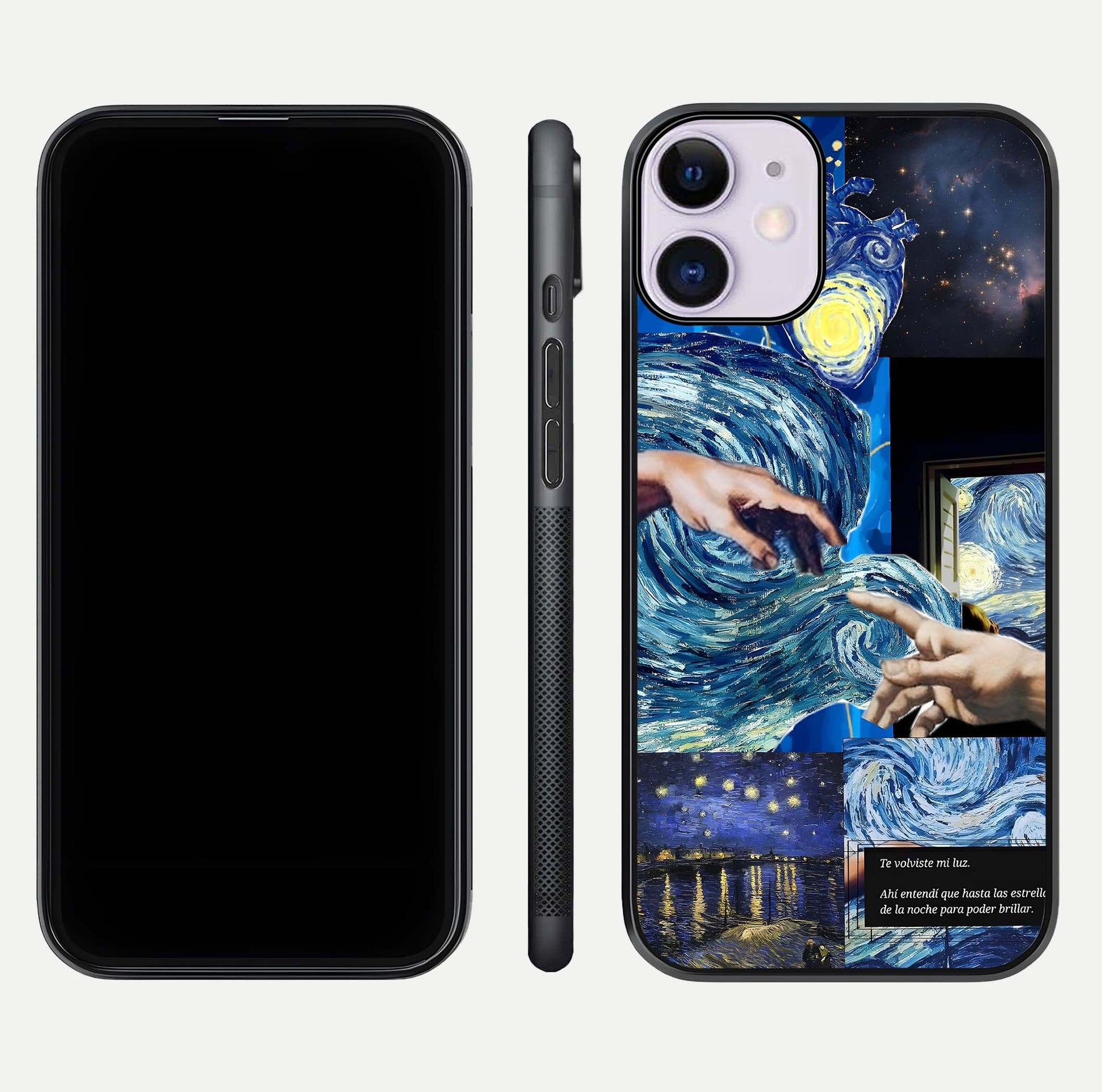 Aesthetic Vando Hands Glass Case for iPhone 16 Pro front and back layout highlighting camera cutout and premium glass shine