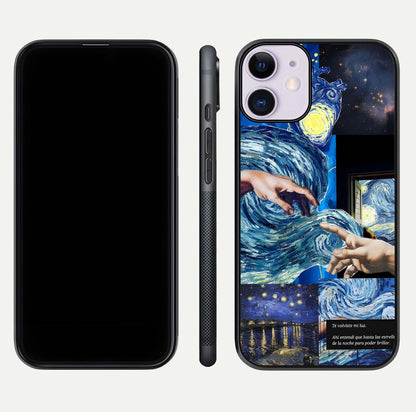 Aesthetic Vando Hands Glass Case for iPhone 16 Pro front and back layout highlighting camera cutout and premium glass shine