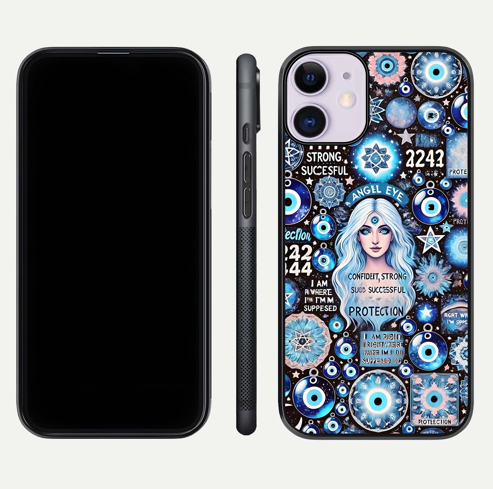 Angel Aura Shield Glass Case for iPhone 16 Pro front and back display highlighting glass clarity and spiritual design