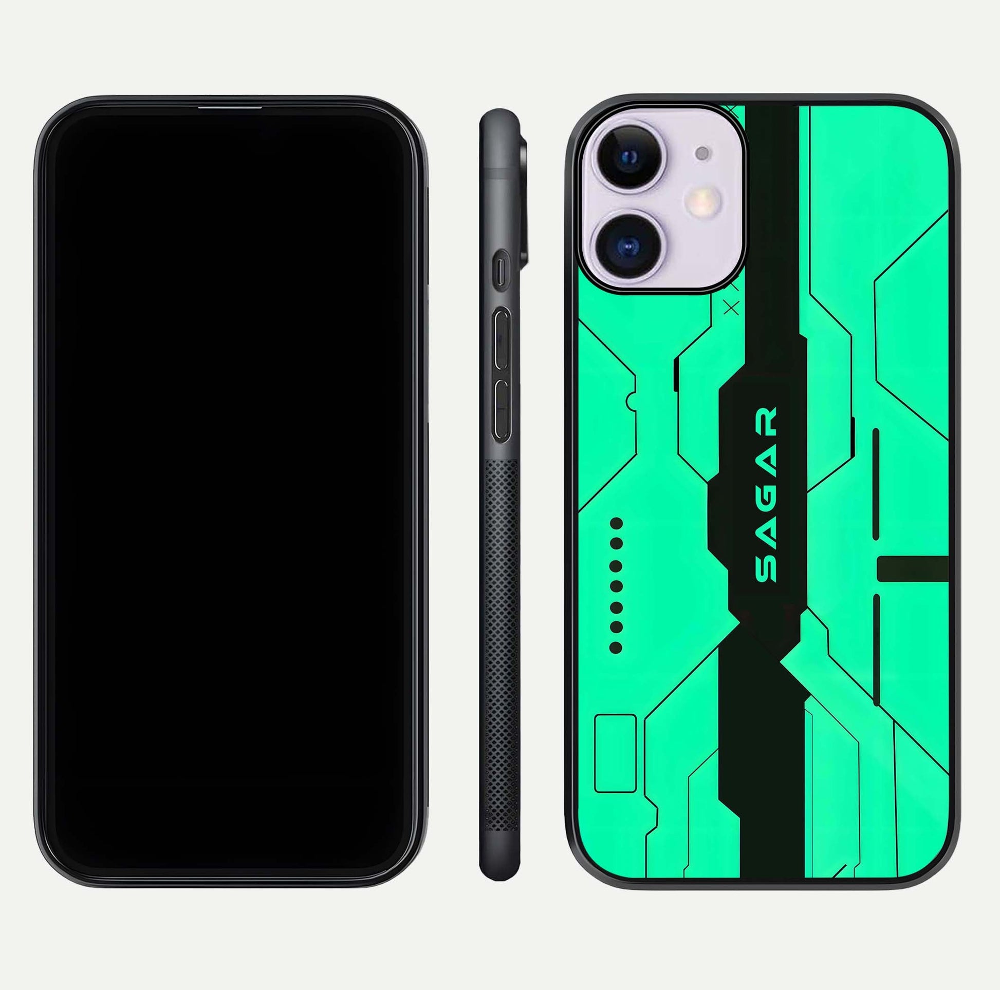 Aqua Tech CYBERPUNK Custom Name Glass Case for iPhone 11 front and back display showing sleek tech pattern and shine
