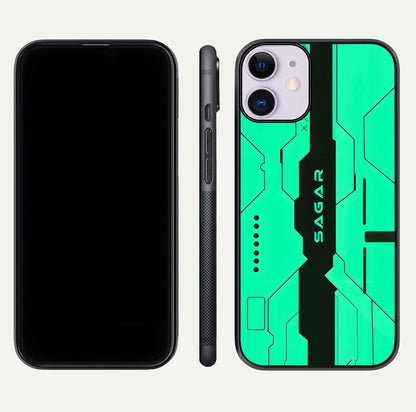 Aqua Tech CYBERPUNK Custom Name Glass Case for iPhone 11 front and back display showing sleek tech pattern and shine