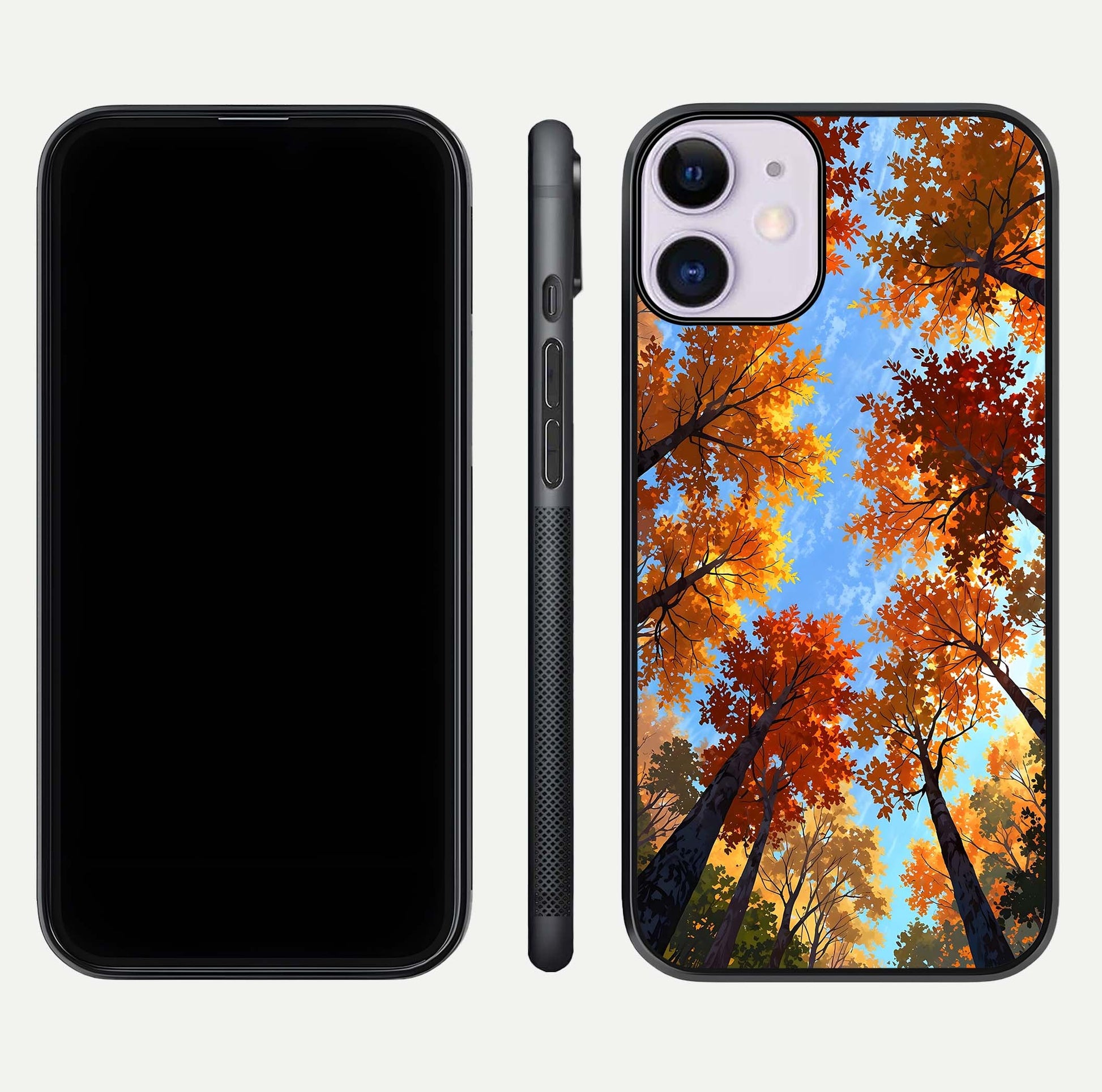 Autumn Sky Rise Glass Case for iPhone 11 front and back layout showing sky print and edge smoothness