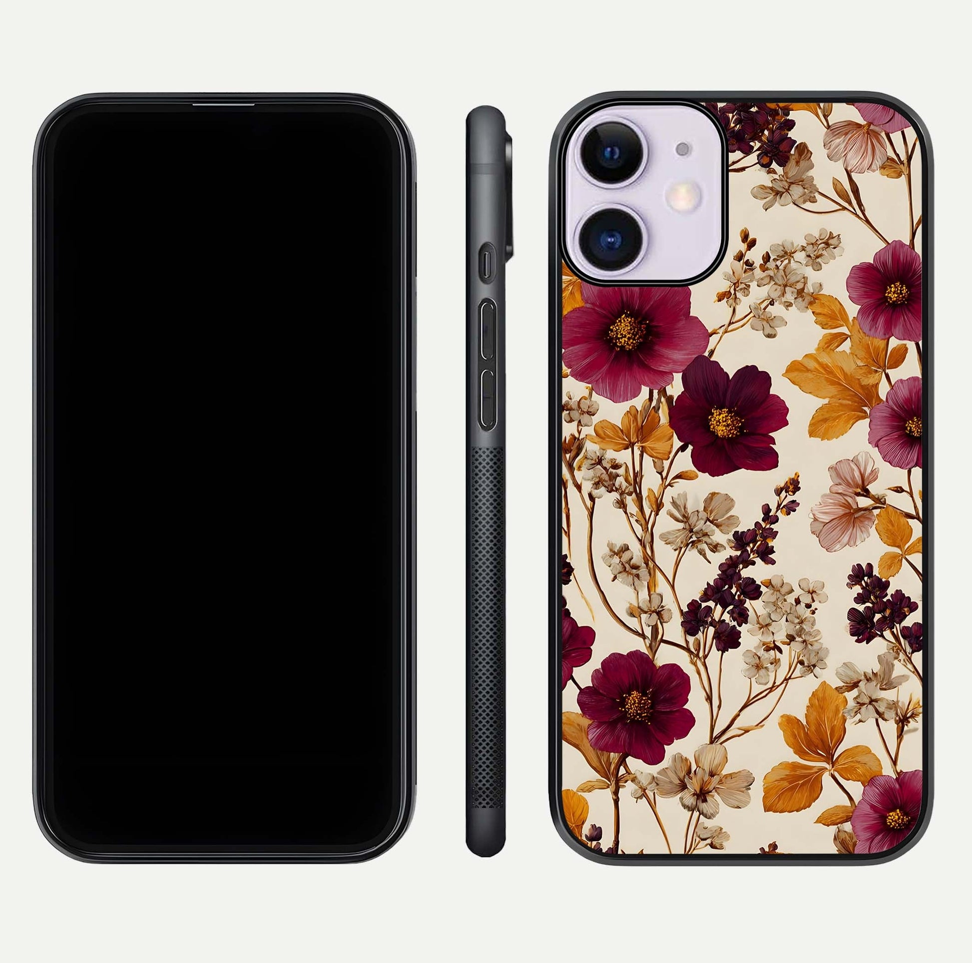 Autumn Wine Bloom Glass Case for iPhone 11 front and back layout showing autumn print and HD glass clarity