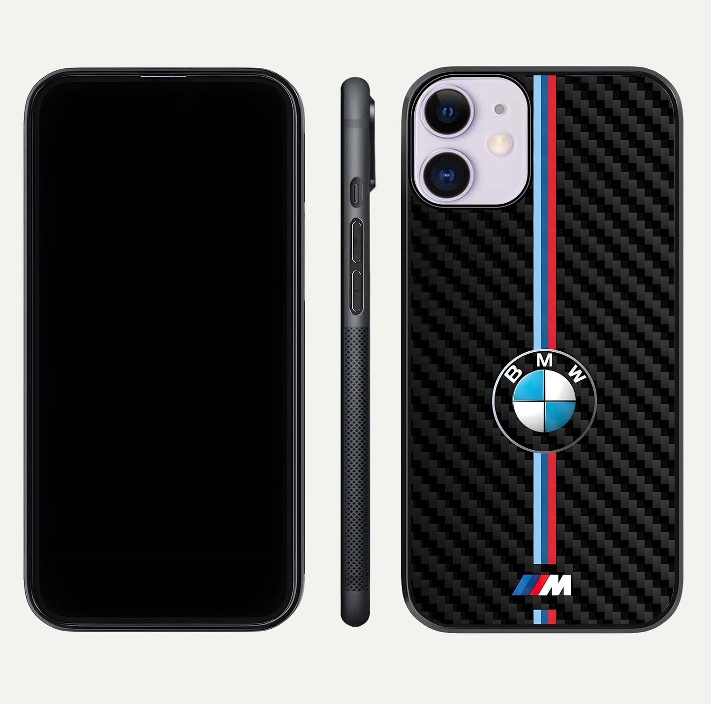 BMW Pattern Glass Case for iPhone 11 front-and-back layout displaying car-themed art and premium glass gloss
