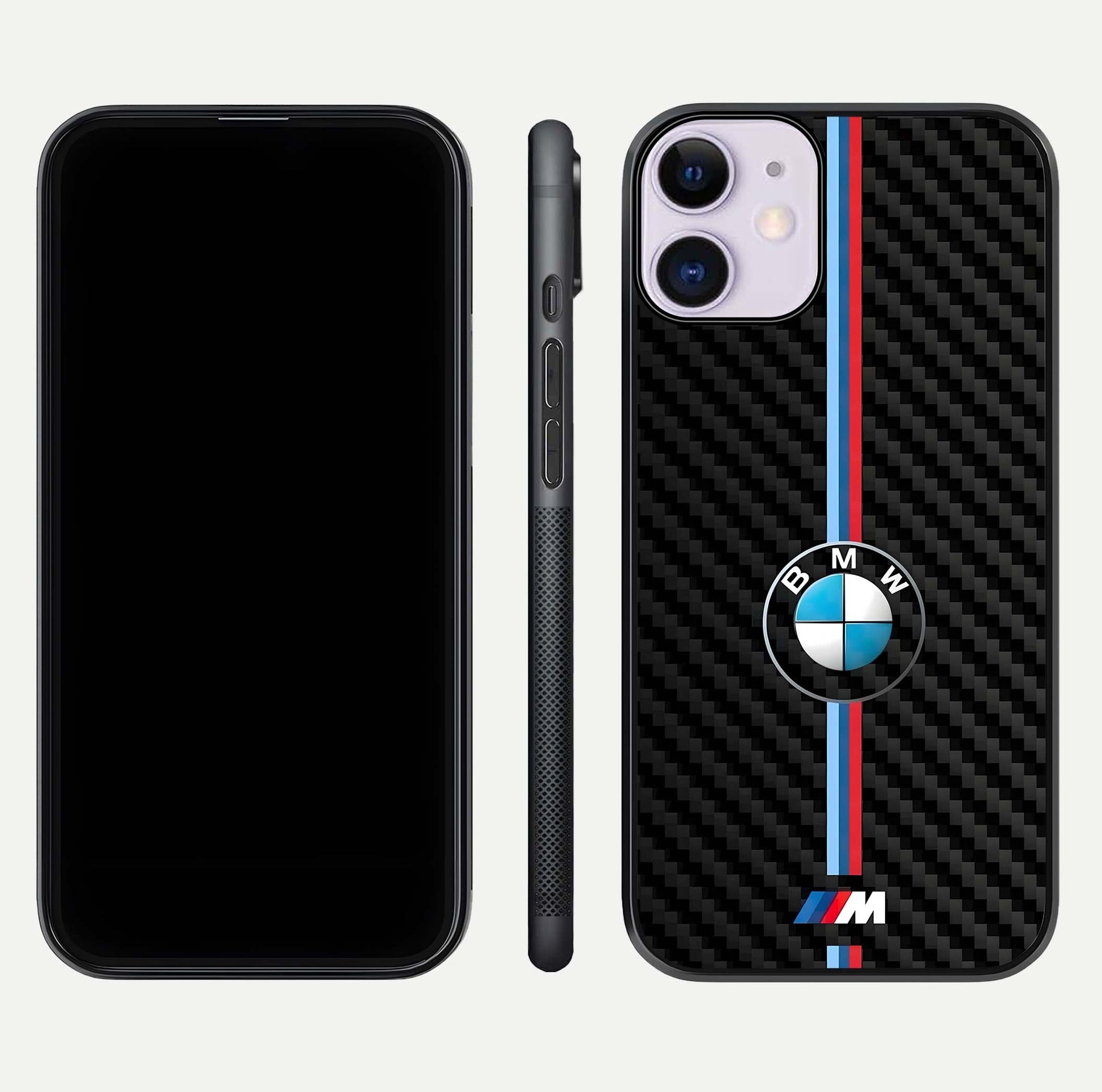 BMW Pattern Glass Case for iPhone 11 front-and-back layout displaying car-themed art and premium glass gloss