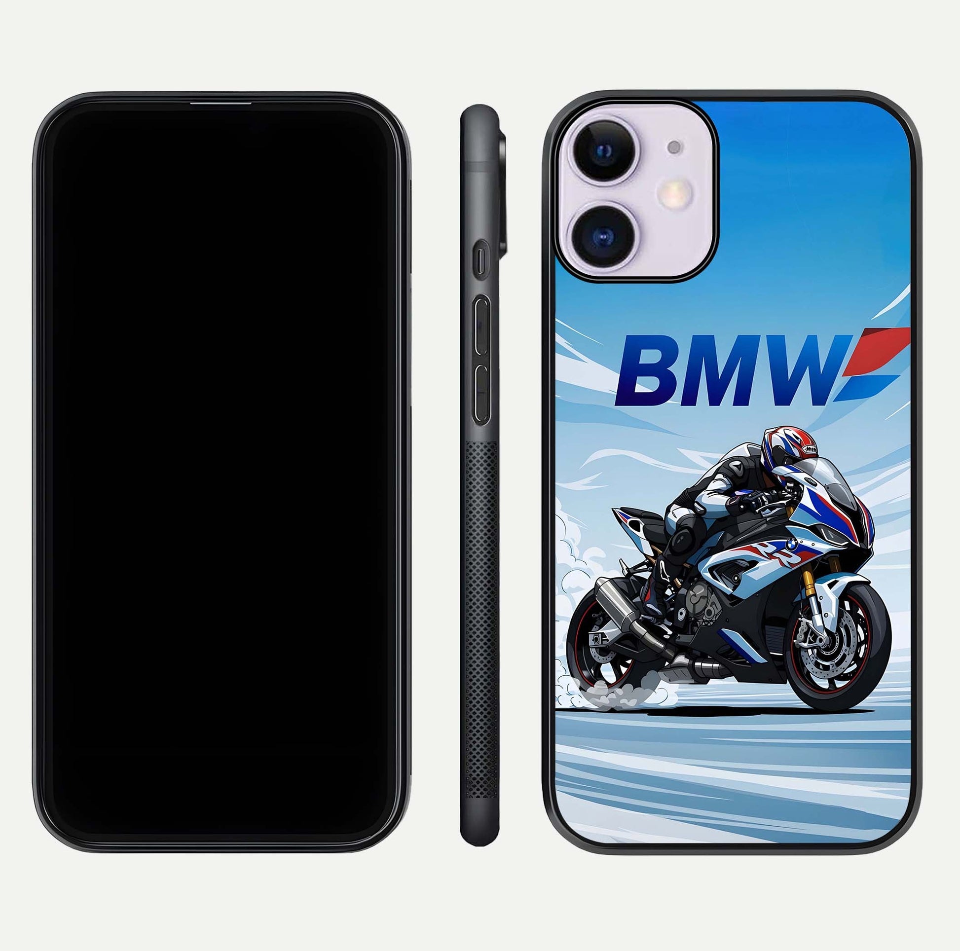 BMW Power Drift Glass Case for iPhone 11 dual-view layout showing energy pattern and edge clarity