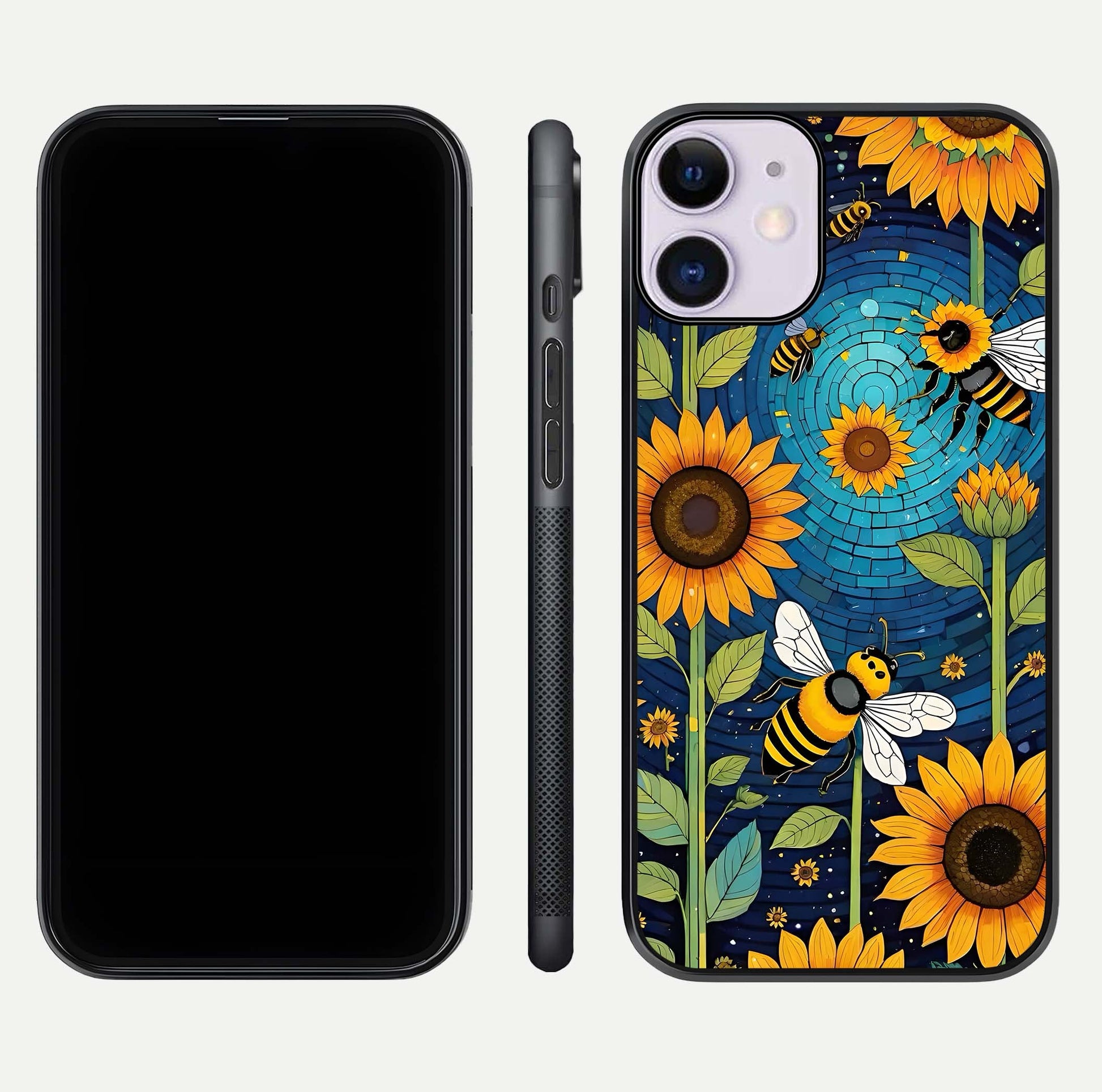 Bees & Sunflowers Glass Case for iPhone 11 front-and-back layout highlighting nature-inspired artwork and protective edge