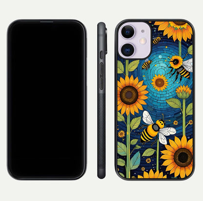 Bees & Sunflowers Glass Case for iPhone 11 front-and-back layout highlighting nature-inspired artwork and protective edge