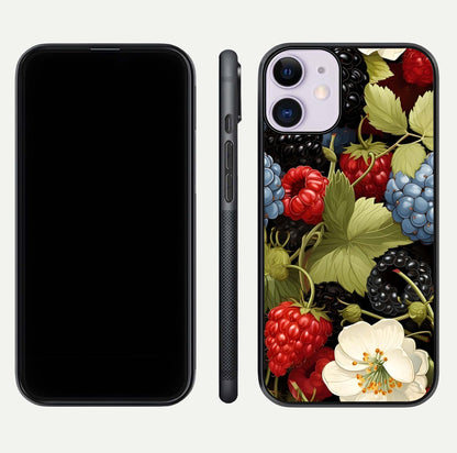 Berry Bloom Charm Glass Case for iPhone 11 front-and-back layout showing floral pattern continuity and smooth glass shine