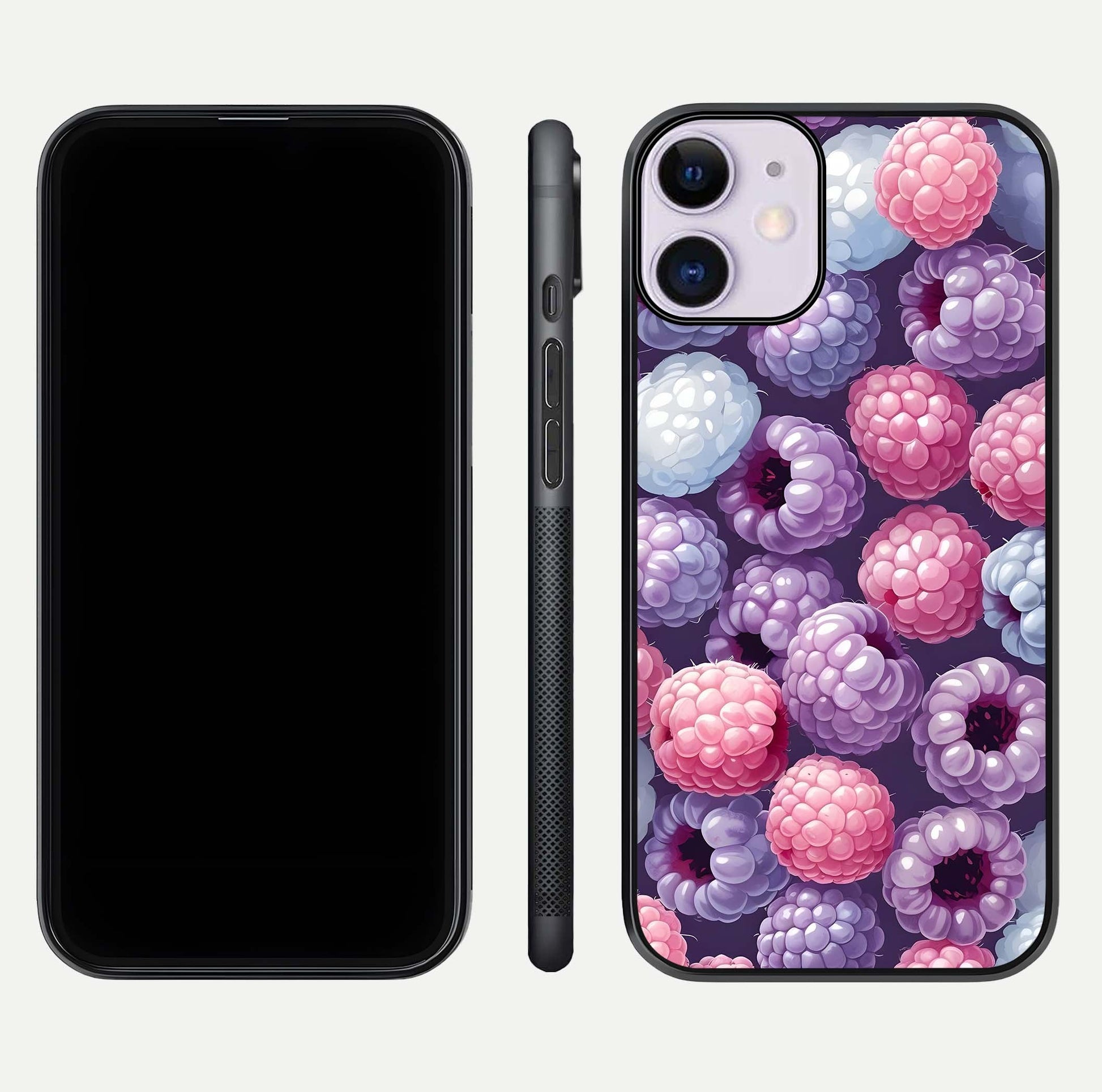 Berry Candy Pop Glass Case for iPhone 11 front-and-back layout showing colorful pattern and sleek protective frame