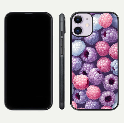 Berry Candy Pop Glass Case for iPhone 11 front-and-back layout showing colorful pattern and sleek protective frame